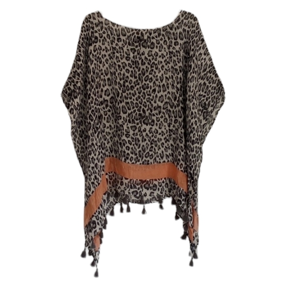 NWT Demdaco Womens Poncho Sz OS Animal Print Tassels Boho Lagenlook Linen Blend - Picture 2 of 6
